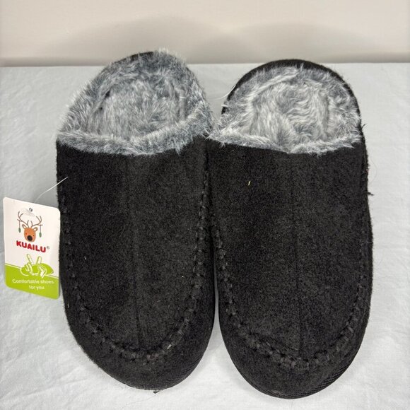 KUAILU NEW Clog Slip On Slipper Womens 8 Black Gray Fur lined Rubber Sole - Picture 1 of 6